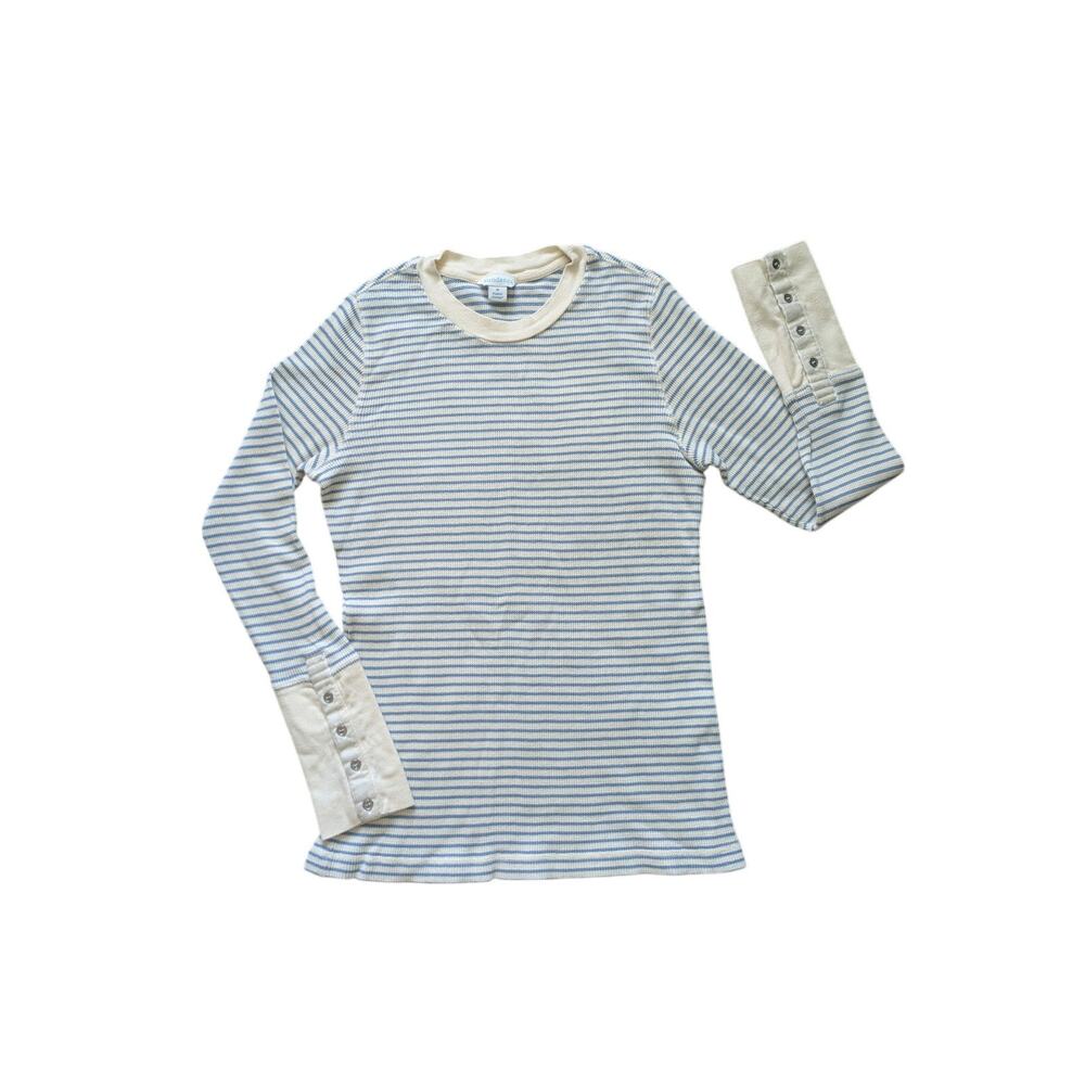 Y2K Sundance Waffle-Knit Long Sleeve Top M Blue-Cream Striped Preppy Bella Swan